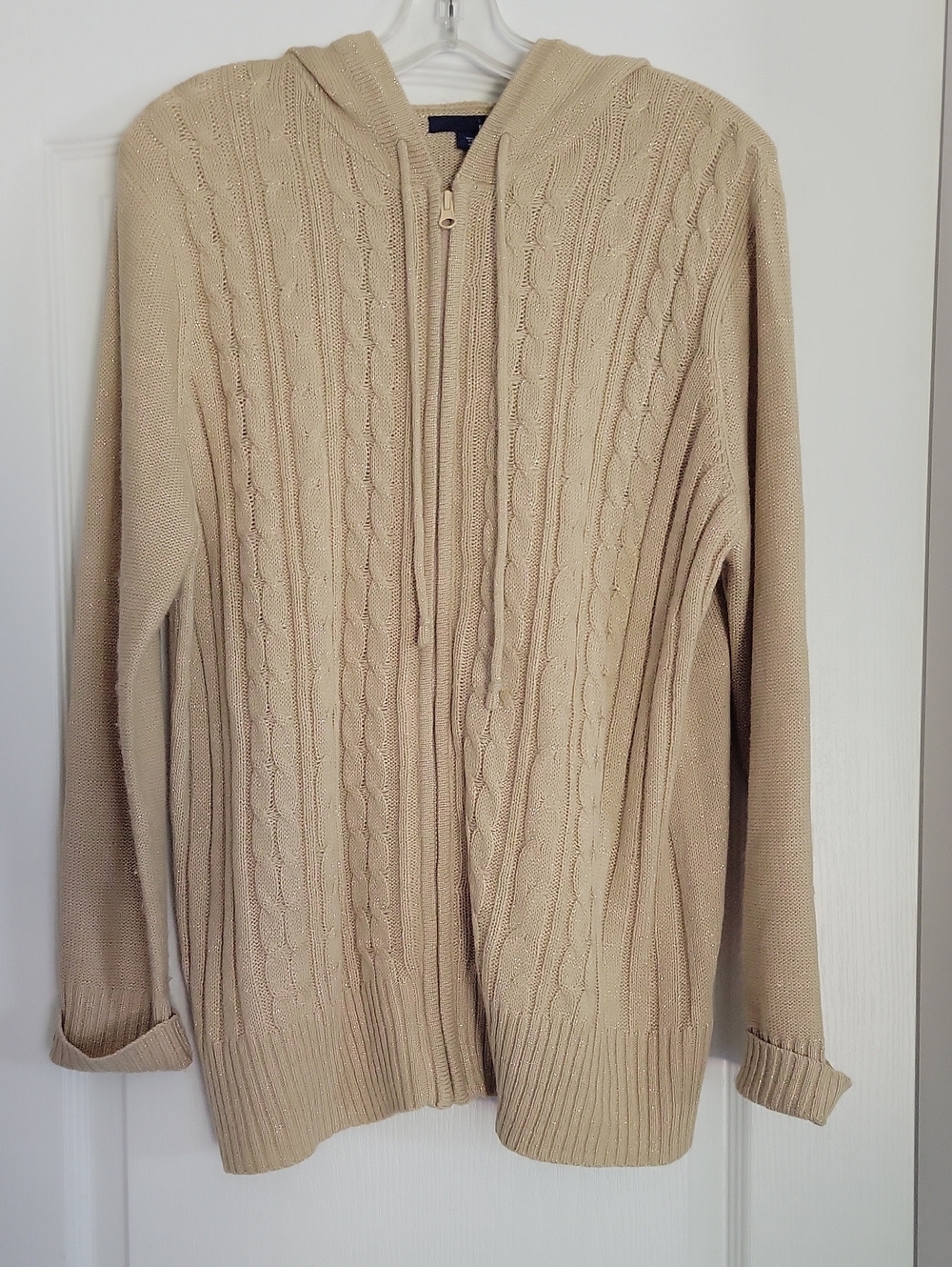 Basic Editions Beige Cable-Knit Zip Hoodie Sweater